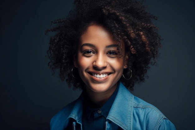 Young black female with curly hair in stylish clothes smiling while looking at camera