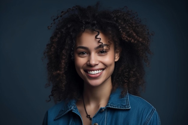 Young black female with curly hair in stylish clothes smiling while looking at camera