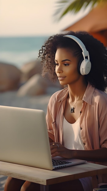 a young black female working with her laptop on relaxing beachside atmosphere background