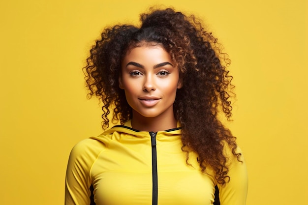 Young black fitness woman poses confident powerful on a yellow background Ai generated