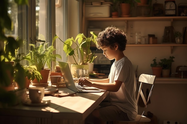 Young black girl browsing on a tablet pc at cozy home Generative ai