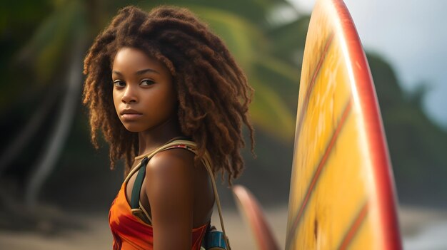 Photo young black girl surfer holding her surfboard and confidently looking ahead standing on the beach