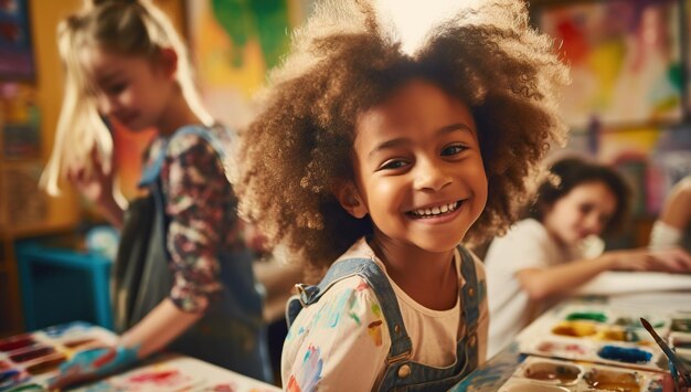 A young Black girl with voluminous hair smiles while painting among other children in a brightly colored classroom