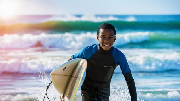 Young black male coming with surfboard to sea