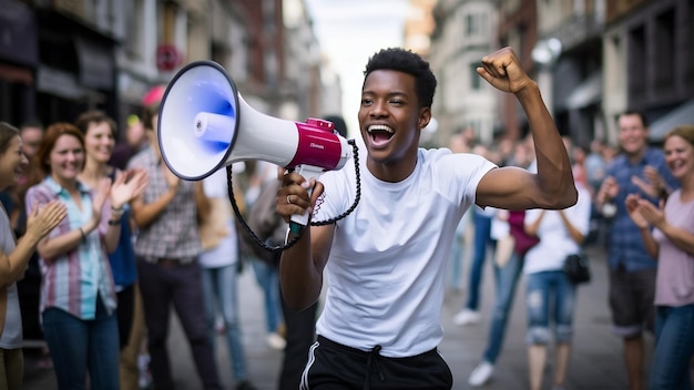 Photo young black man holdinga a megaphone shouting something happy to the front