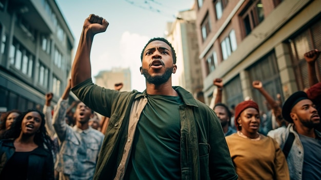 young black man protesting along with a crowd of people