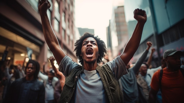 young black man protesting along with a crowd of people