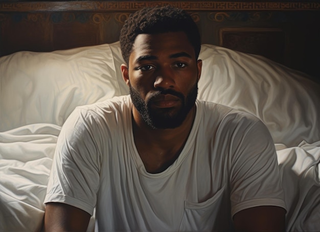 Photo young black man sitting on bed