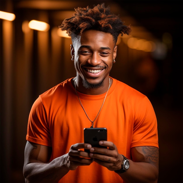 young black man in tshirt and cell phone in hand