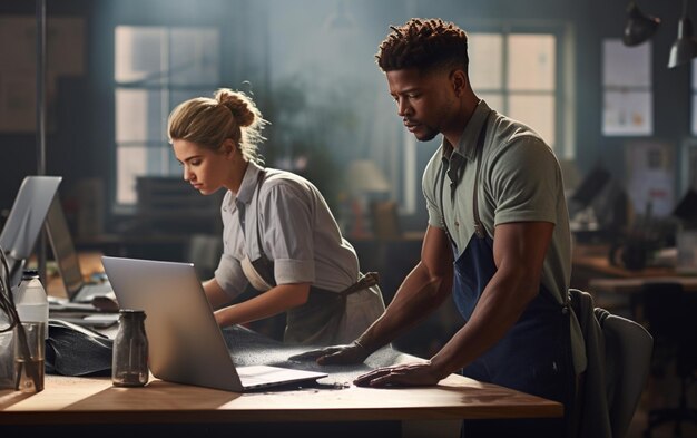 Photo young black man in workwear cleaning floor while girl wiping desks with computers