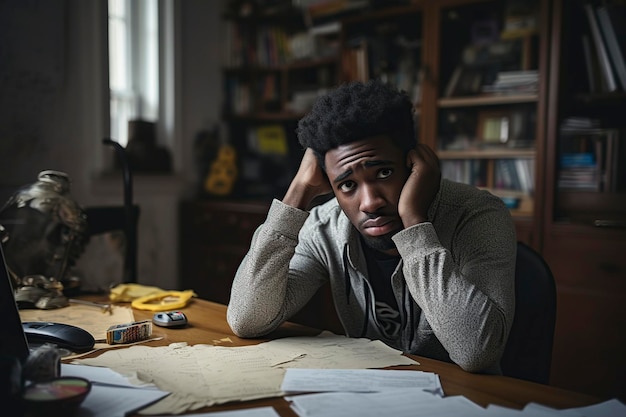 young black man worried and tired studying at home