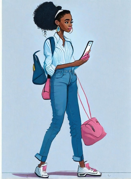 young black modern woman using smartphone wearing blue jeans bold black lines illustration