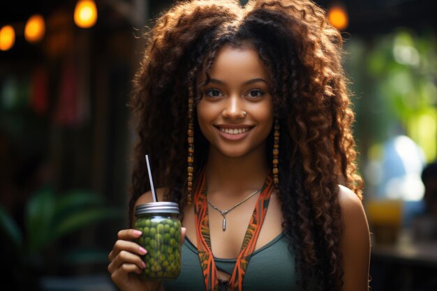 Photo young black skin girl holding up fruit smoothie to the camera summer tropical background