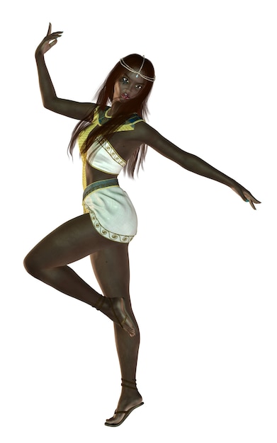 Young black woman dancing in white Egyptian outfit, 3d illustration.