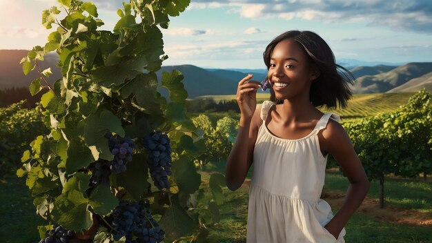 Фото Молодая чернокожая женщина ест виноград в винограднике