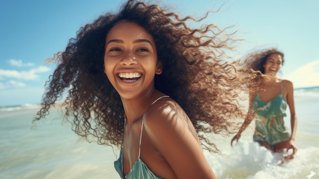 Young black woman having fun at beach with best friend Cheerful friends enjoying at sea