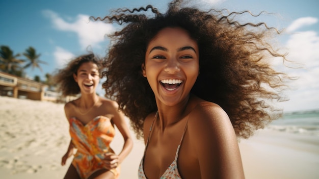 Young black woman having fun at beach with best friend Cheerful friends enjoying at sea