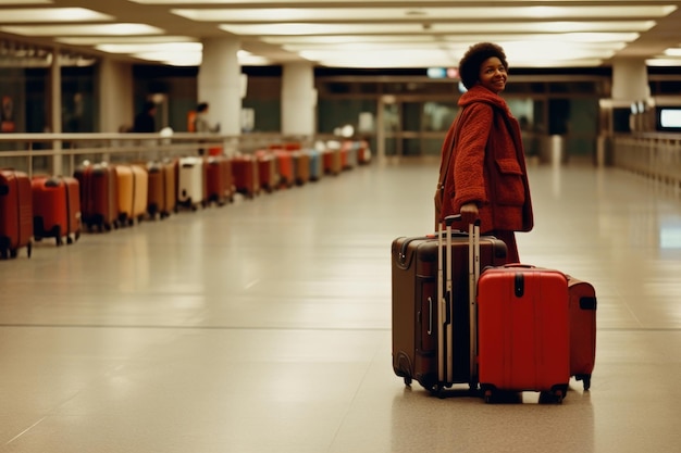 Young black woman is indoors in the airport Beautiful illustration picture Generative AI