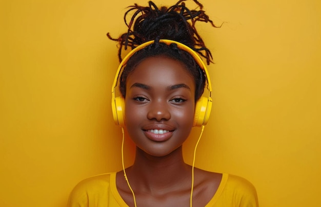 A young black woman listening to music on the phone on a yellow background