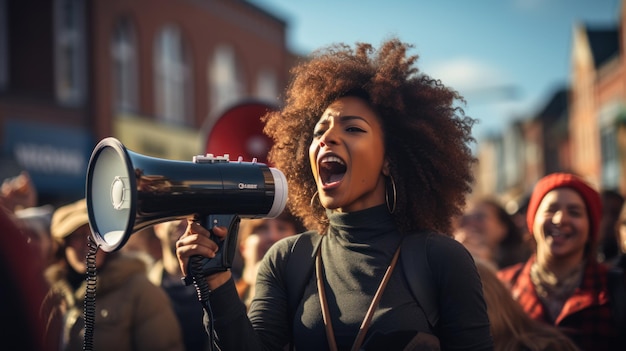 写真 人種差別に対する抗議活動でメガホンに向かって叫ぶ若い黒人女性