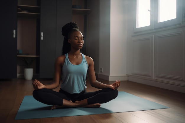 Young black woman sitting on the floor at home doing yoga breathing exercise Generative AI