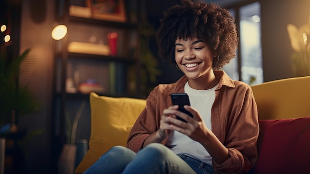 A young black woman smiles as she uses her phone her eyes focused on the screen