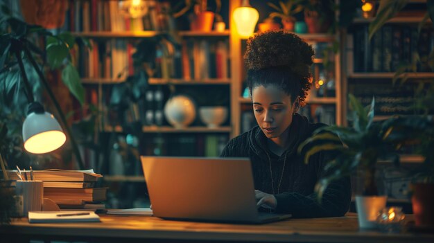 Photo young black woman studying in cozy home library with laptop surrounded by homeplant