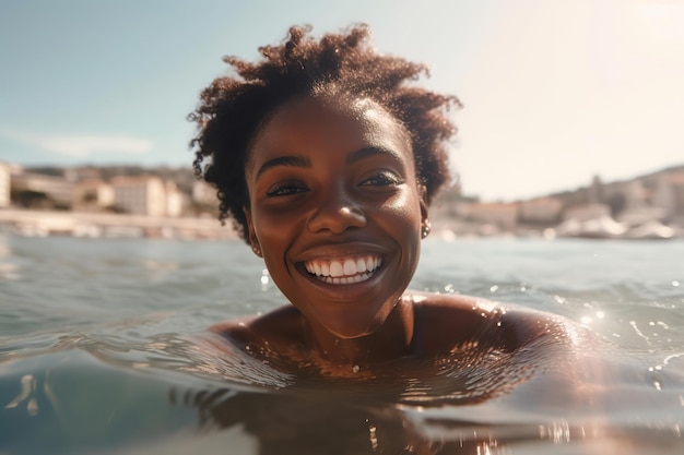 Young black woman swimming in sea smiling close up