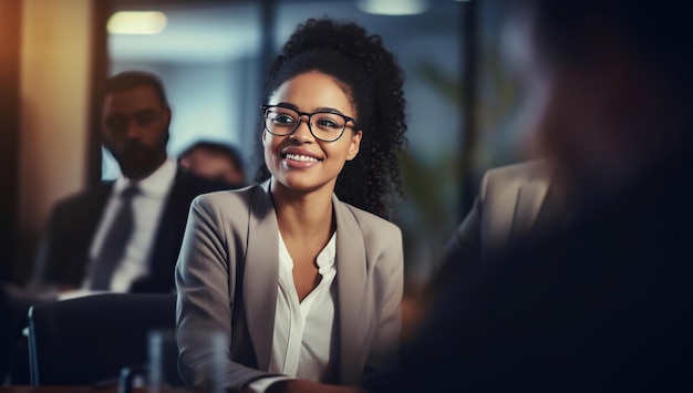 A young Black woman wearing glasses smiles while sitting against the backdrop of a meeting The concept of young professionalism and career growth