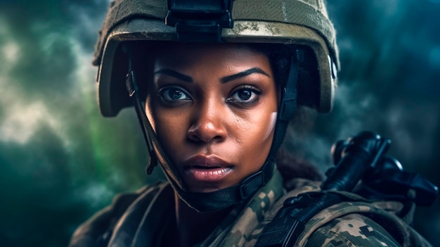 Young black woman wearing military uniform including camouflage fatigues and a helmet She is ready for war to protect and serve her country Generative AI