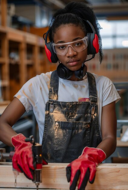 a young black woman wearing safety glasses and ear protection is standing in a workshop she is holding a power drill and looking directly at the camera
