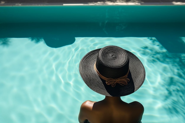 Young black woman wearing straw hat relaxing at spa pool Beautiful woman relaxing in outdoor spa