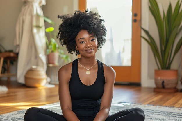 Photo young black woman with afro practicing yoga at home