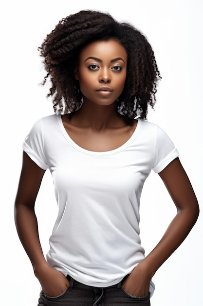 Молодая черная женщина с вьющимися волосами в белой рубашке и джинсах стоит на белом фоне.