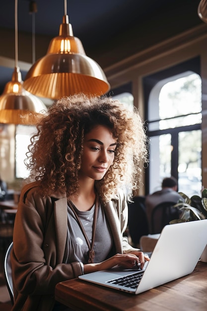 Young black woman with curly hair working with laptop while sitting at cafe indoors