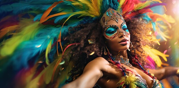 A young black woman with long curly hair in a carnival mask and feathered costume