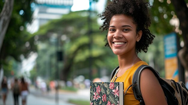 Young black woman with school backpack holding notebook street with buildings trees and blurred bg