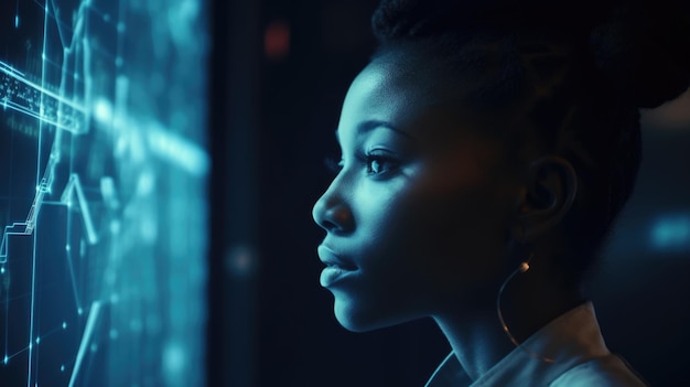 young black woman with wonder curiosity looking at holographic digital display futuristic technology innovation generative ai aig20