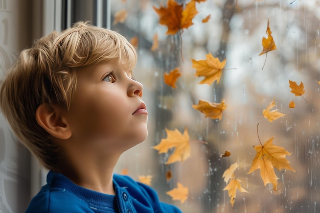 Foto giovane ragazzo biondo in camicia blu che guarda con curiosità dalla finestra del soggiorno le foglie autunnali che cadono e il cielo grigio