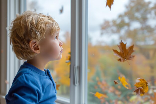 Young blond boy in blue shirt gazing curiously out living room window at falling autumn leaves and gray sky