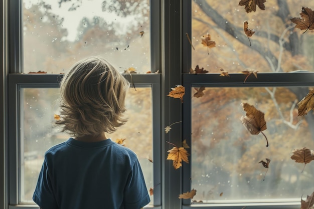 Young blond boy in blue shirt gazing curiously out living room window at falling autumn leaves and gray sky