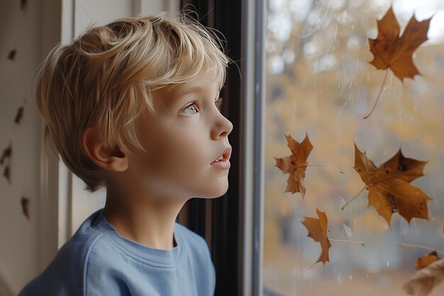写真 青いシャツを着た若い金の少年が落ちる秋の葉と灰色の空をリビングルームの窓から好奇心をもって眺めている