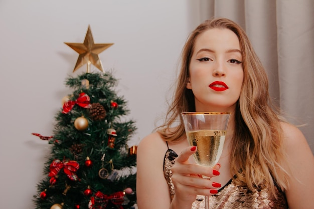 Young blond woman with glass of sparkling wine in hand on christmas night