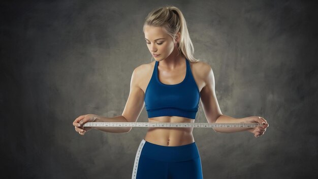 Young blonde fitness woman measuring her body with ruler dressed in fasion sportswear losing weight