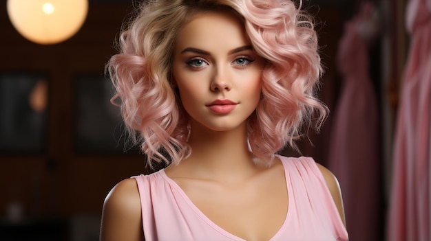 young blonde girl posing in pink dress