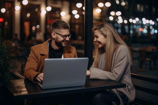 Young blonde man and brunette woman are looking at the computer and discussing business plans