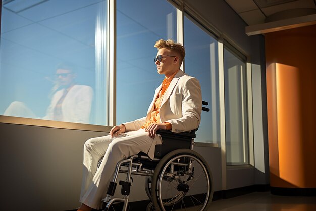 a young blonde man with glasses in a white business suit and on a wheelchair sits near the window in