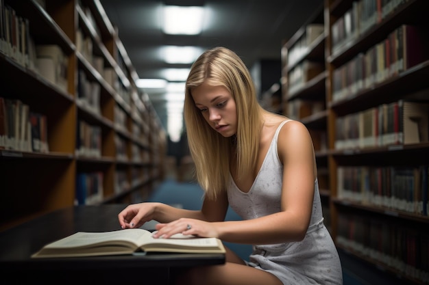 生成 AI で作成された大学の図書館で読書をしている若い金髪の学生