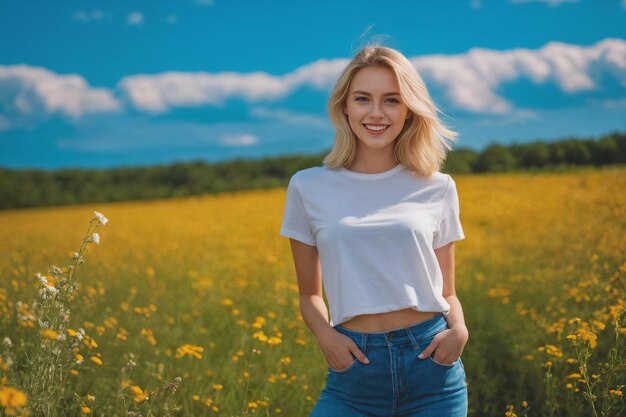 Young blonde woman 20 years old in jeans and a white Tshirt in a field with green grass