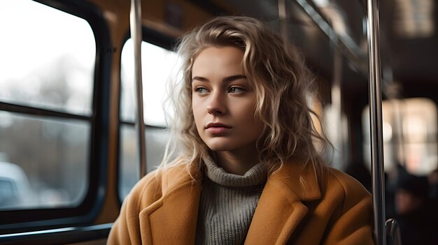 公共交通機関を考えるバスの若いブロンドの女性 ジェネレーティブ AI